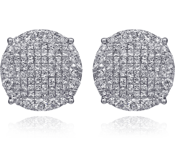 Button Earrings, White Diamonds, 3.52ct. Total