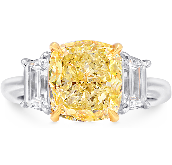 Three Stone Engagement Ring, Yellow And White Diamonds, 4.98ct. Total